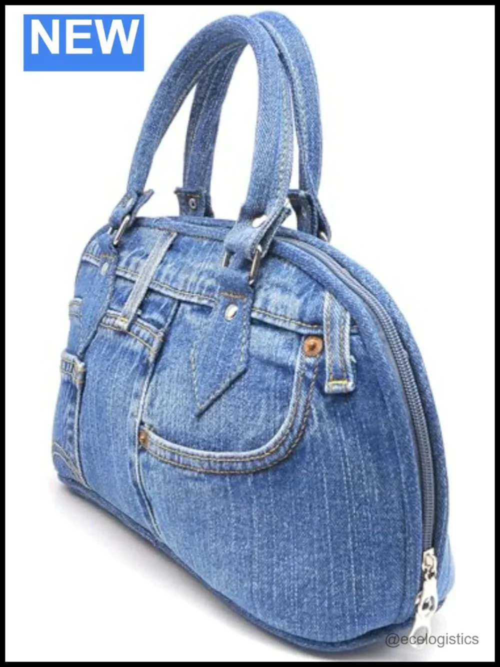 Upcycled Denim Satchel Handbag Top Handle Purse Curved Zipper